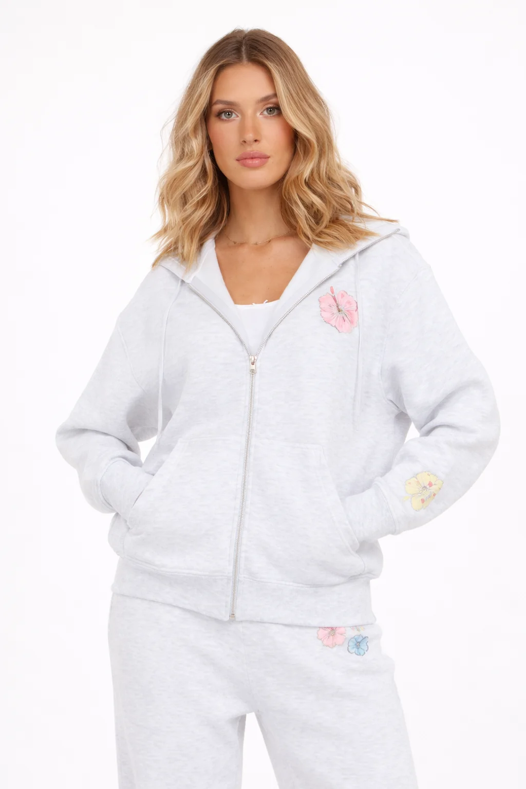 Zip front oversized floral print hoodie