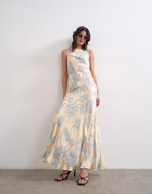 Topshop satin racer neck maxi dress in blue floral jacquard