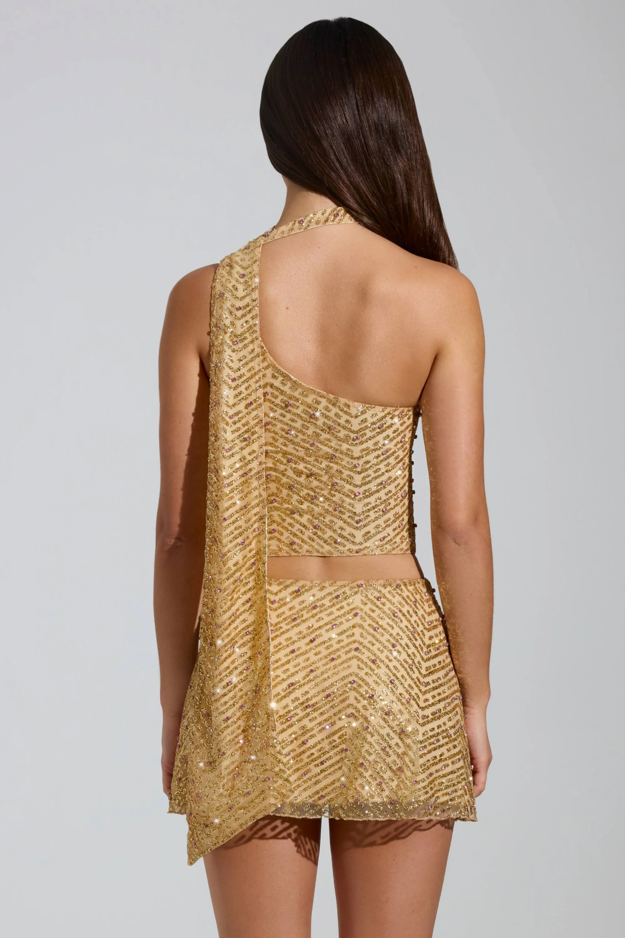 Embellished Asymmetric Scarf-Detail Top in Gold