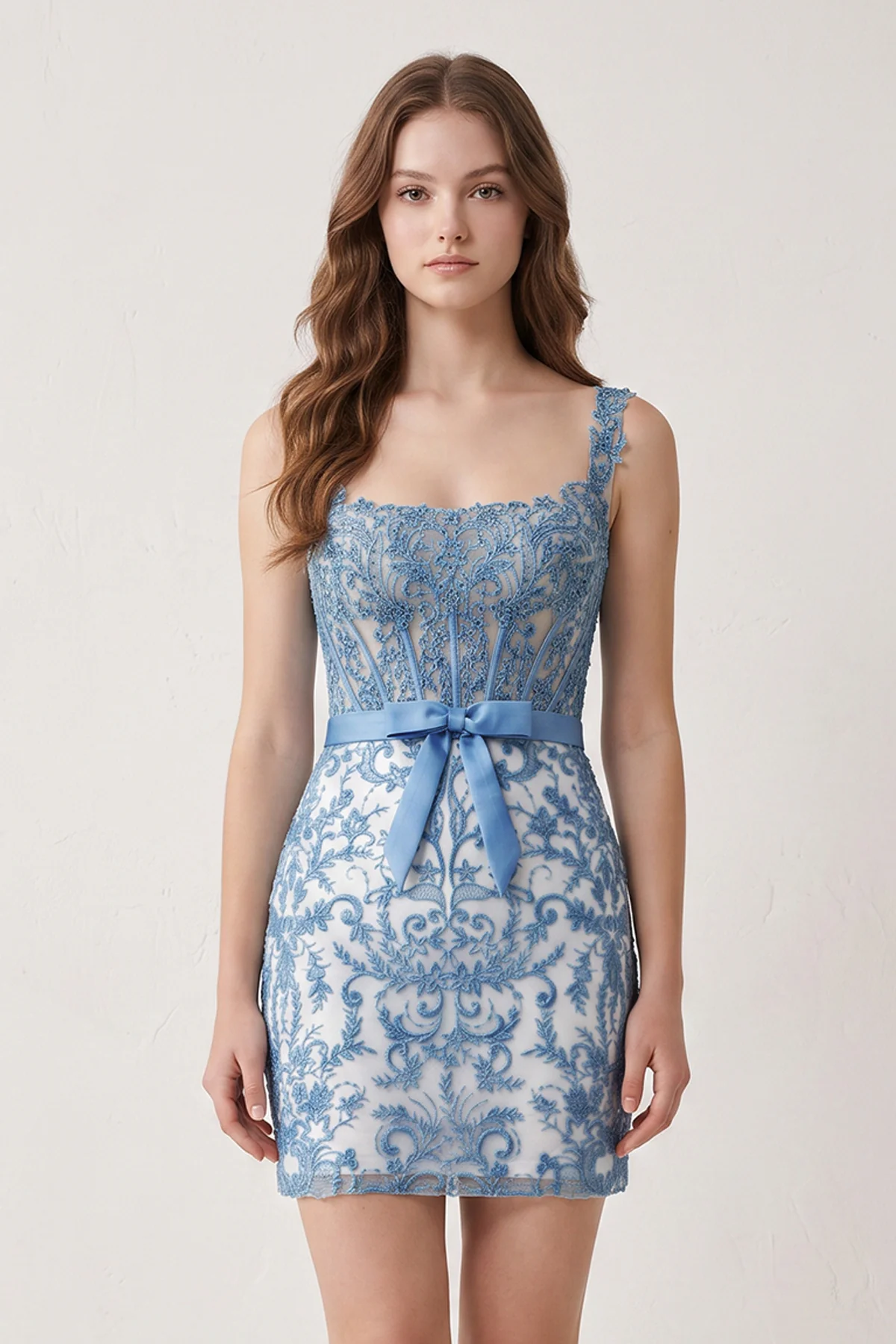 Blue Bodycon Off the Shoulder Beaded Appliques Homecoming Dresses with Bow
