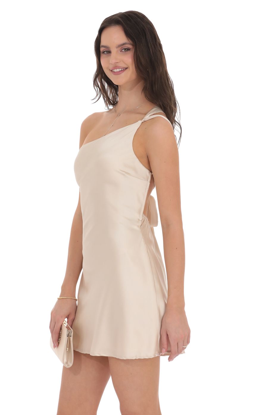 Satin One Shoulder Open Back Dress in Champagne