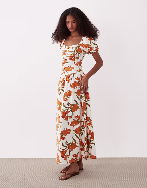 ruched front midi tea dress in floral print