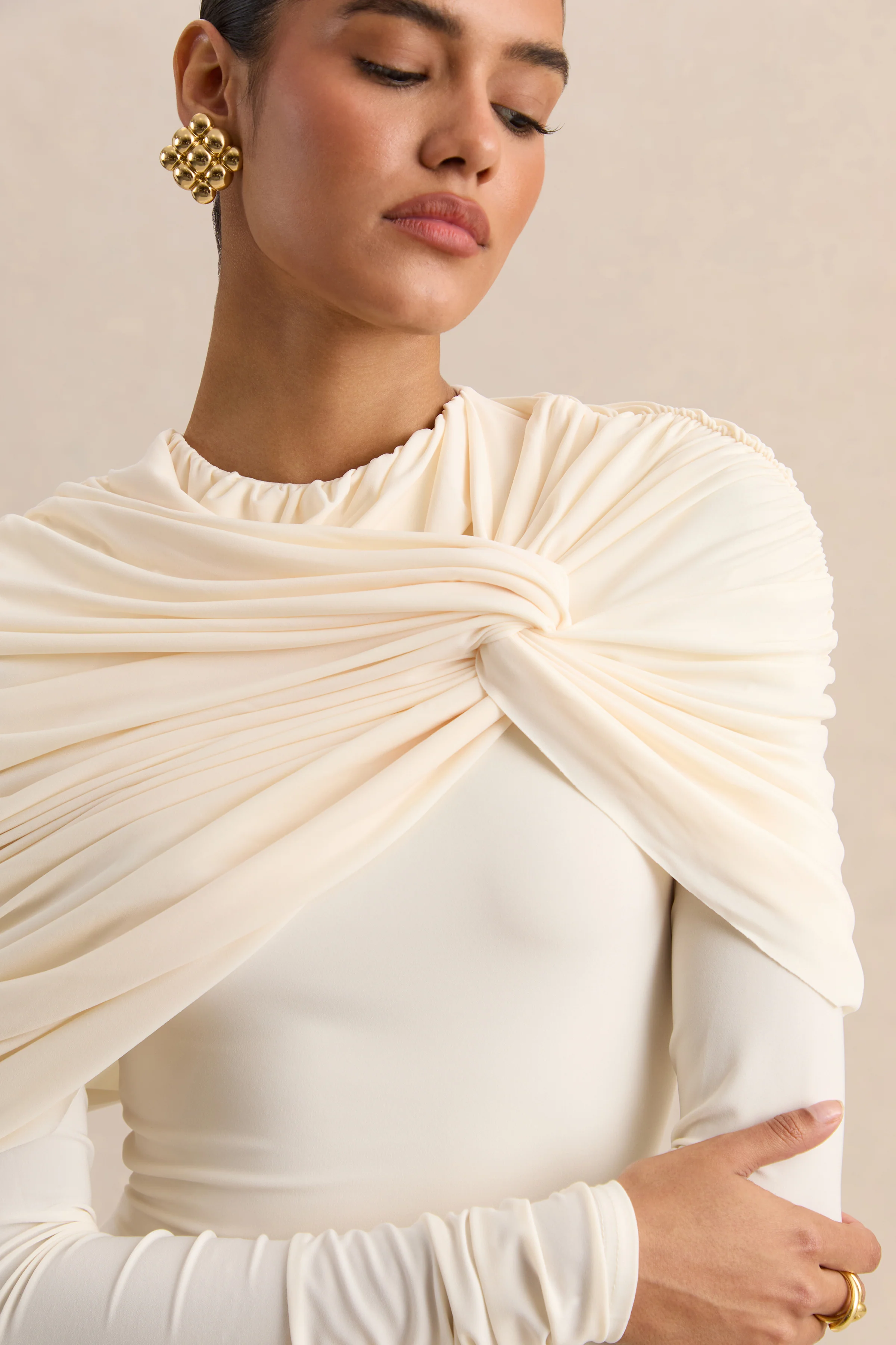 Evessa | Cream Crew-Neck Maxi Dress With Gathered-Detailing
