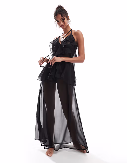 Miss Selfridge beach ruffle chiffon maxi dress in black