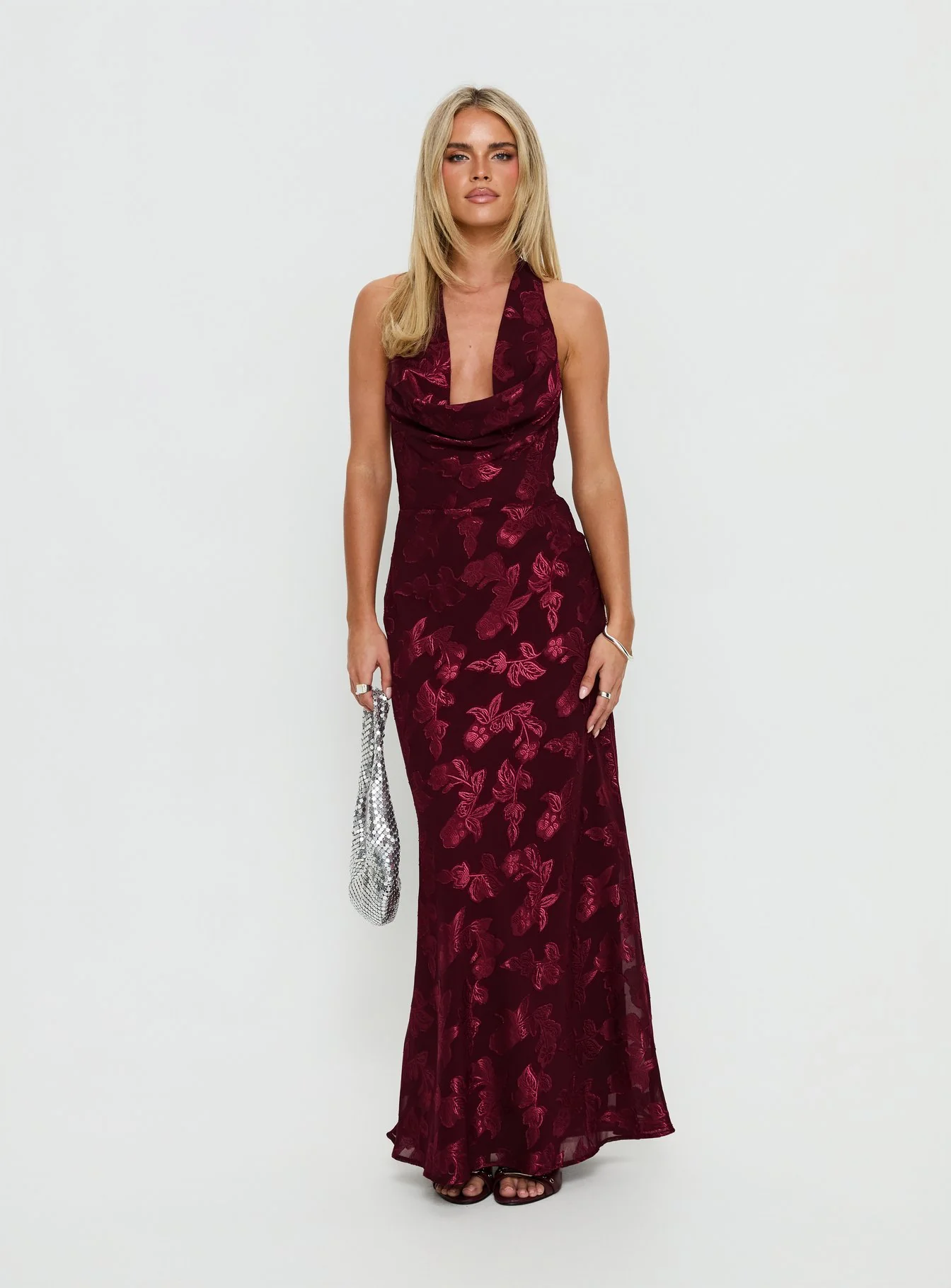 Jazminah Halter Cowl Neck Maxi Dress Burgundy