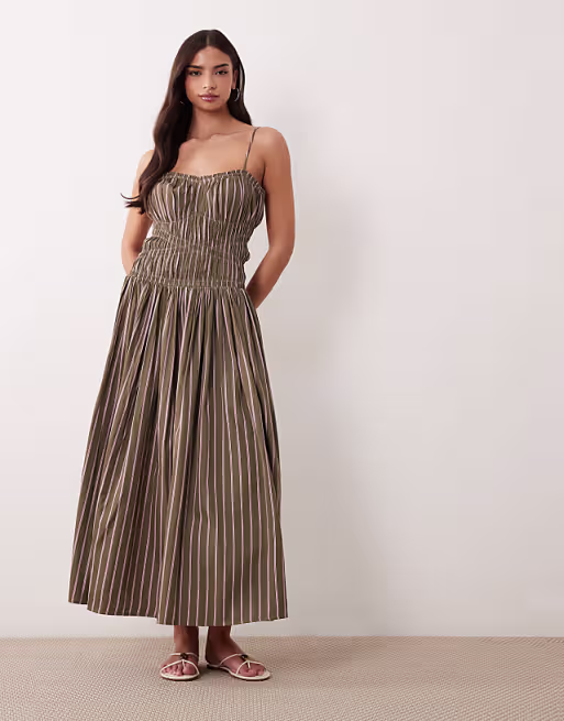 shirred cotton poplin maxi sundress with dropped waist in khaki and pink stripe