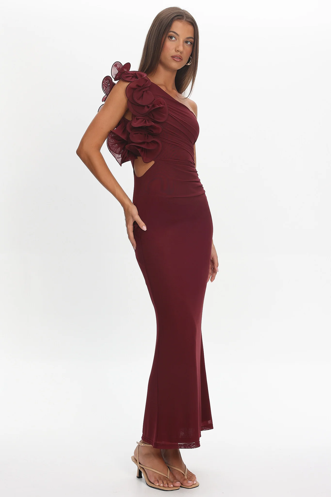 Deanna One-Shoulder Ruffle Maxi Dress Wine