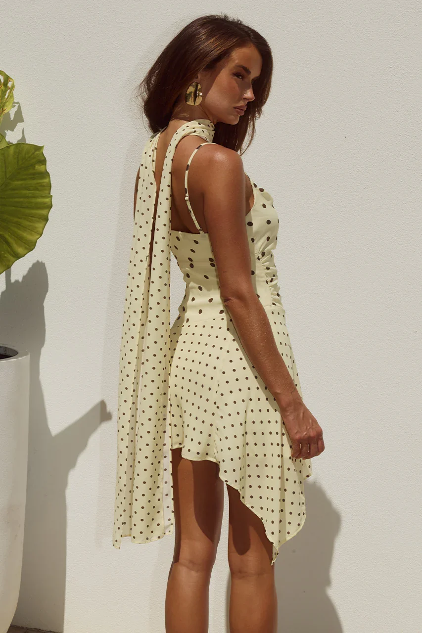 ALORA SCOOP NECK MINI DRESS - LEMON/CHOC POLKA