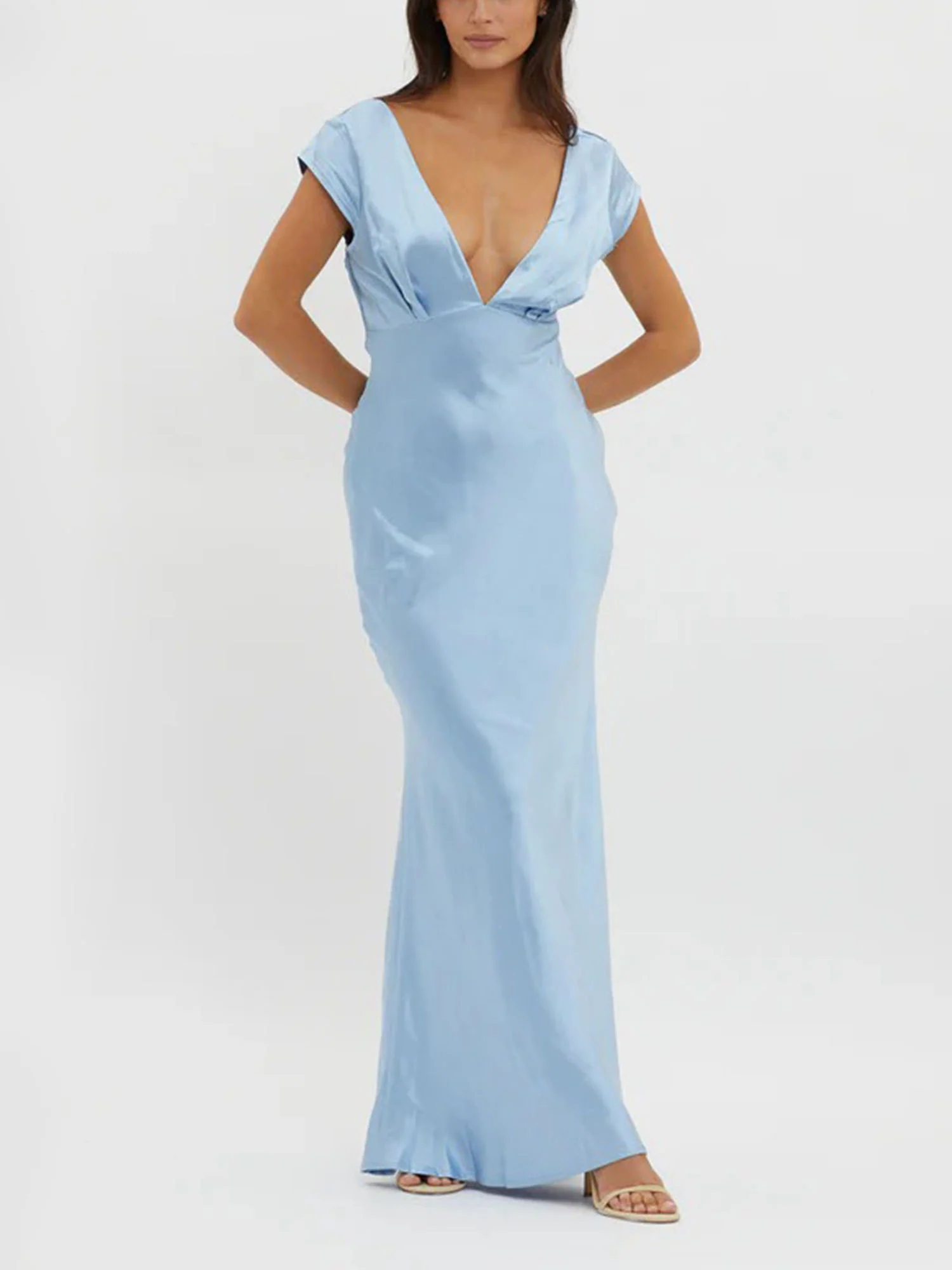 Blue Plunge Neck Maxi Dress
