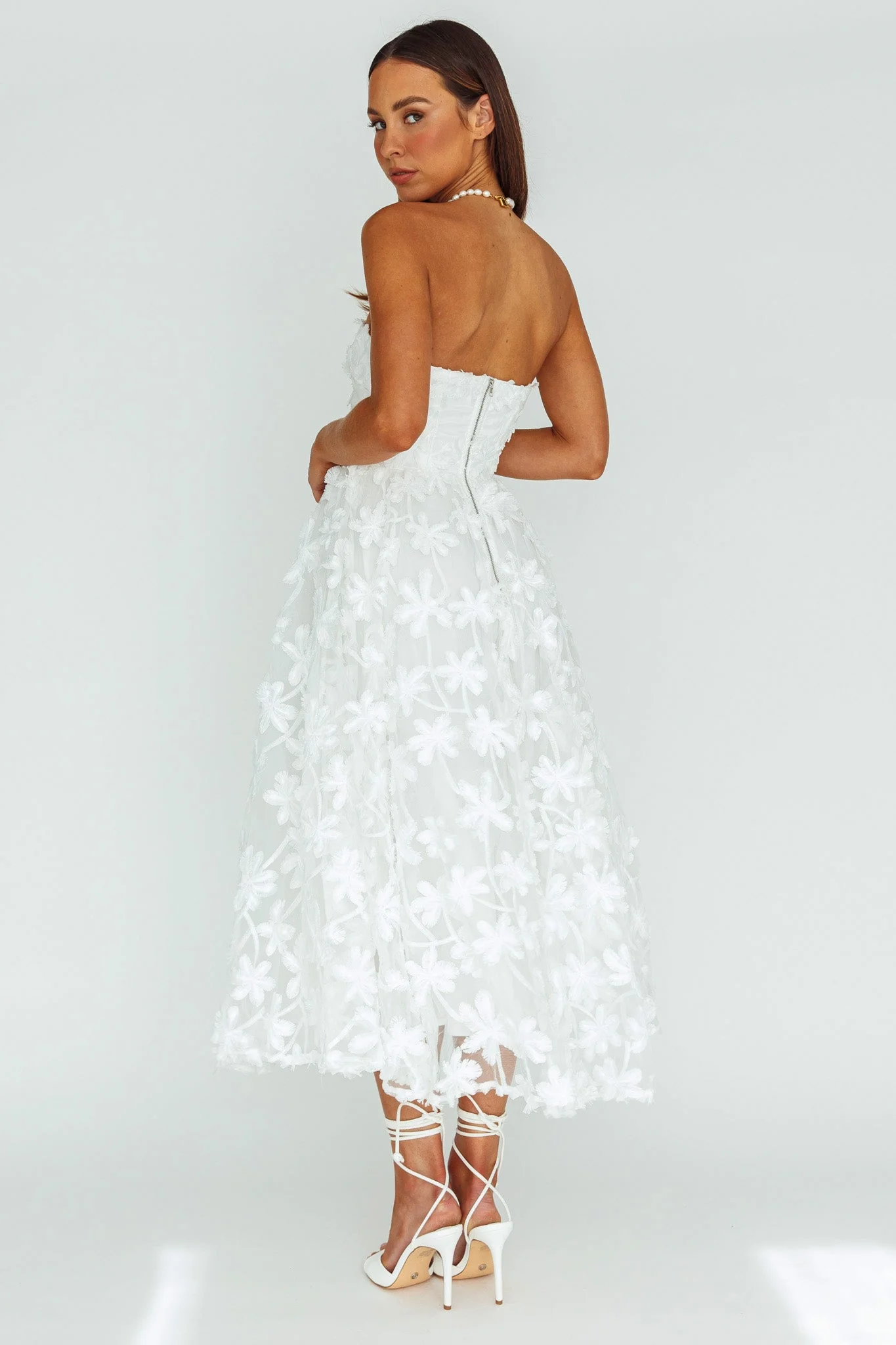 Dori Floral Embellished Midi Dress White