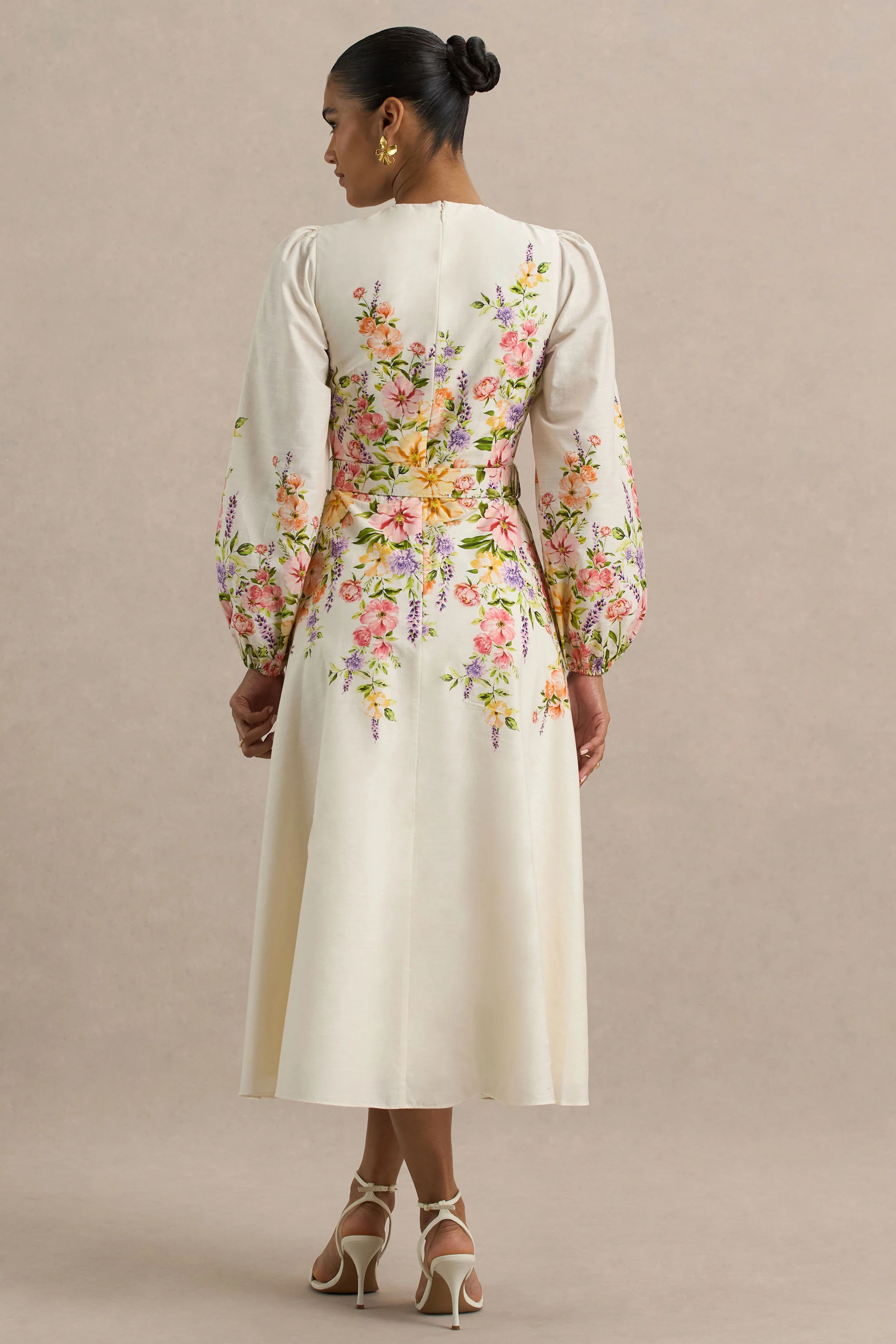 Dahlia | White Floral Border Print High-Neck Midi Dress
