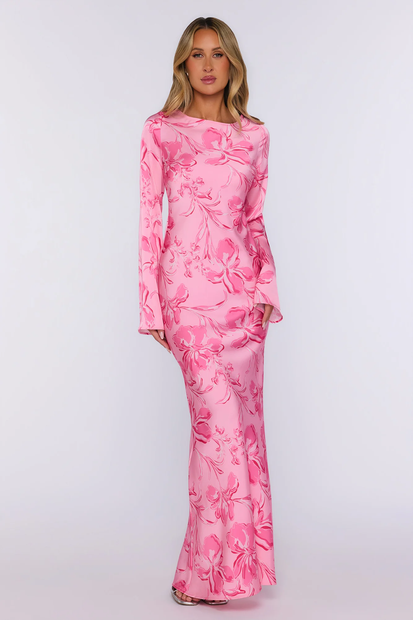 Sweet Clover Long Sleeve Satin Maxi Dress Pink