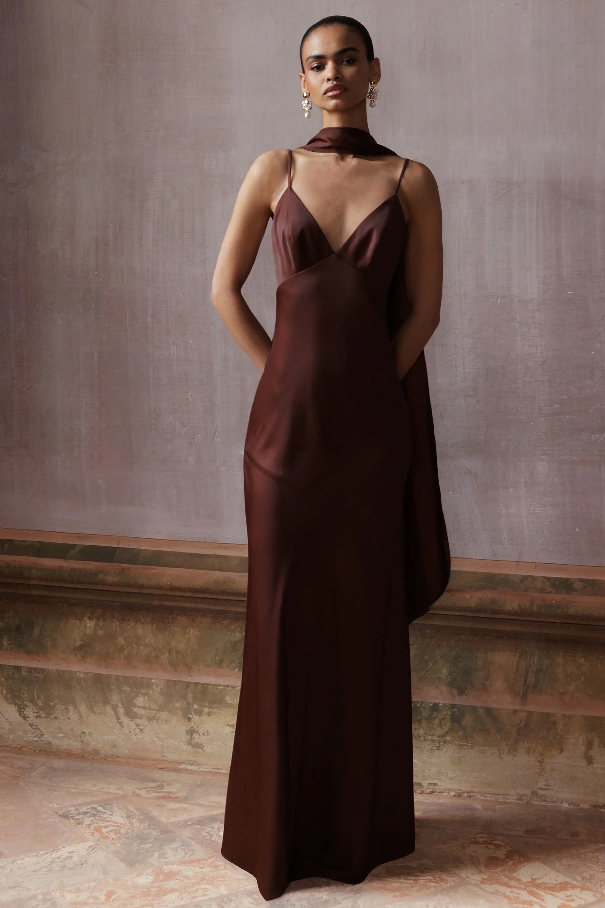 Starling | Brown Satin Plunge-Neck Maxi Dress With Scarf-Detail