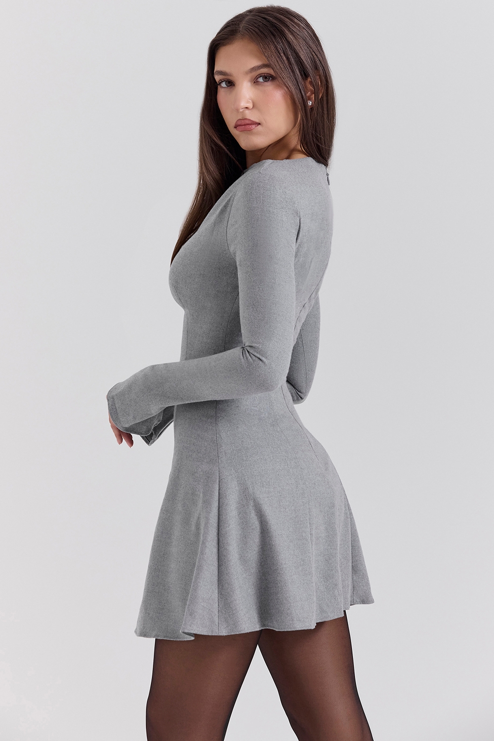 Grey A-Line Long Sleeve Mini  Dress
