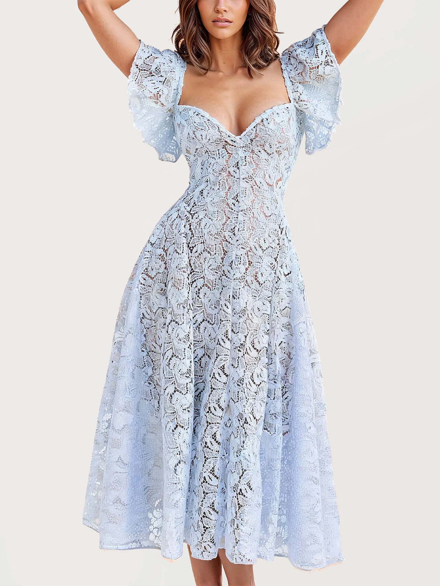 Lace Midi Dress with Flutter Sleeves