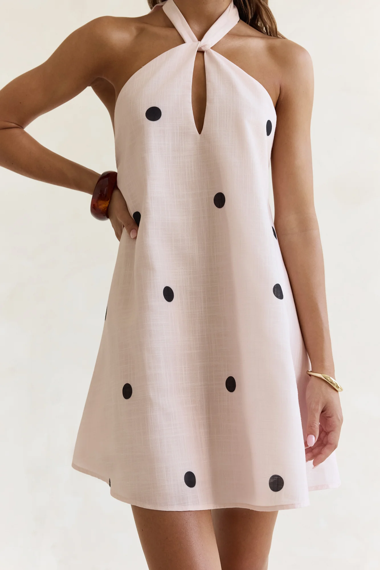 Faith In You Polka Dot Halter Mini Dress Beige - luluinthesky