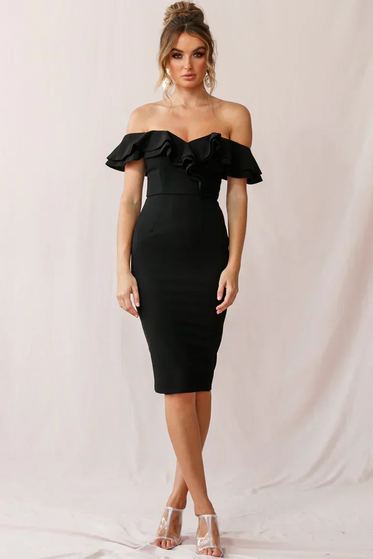 Rossi Ruffled Off The Shoulder Bodycon Dress Black