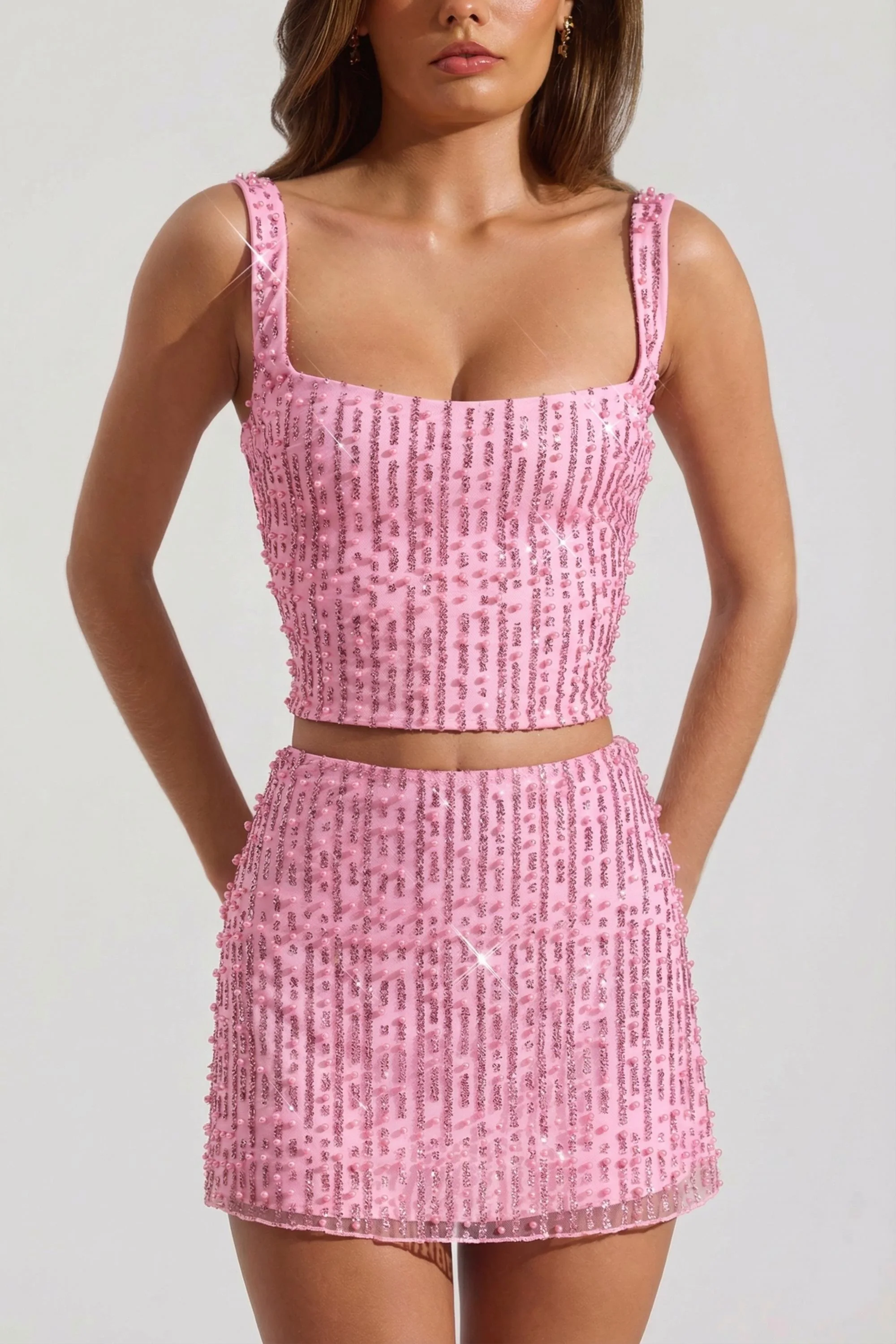 Embellished Low-Rise Mini Skirt in Pink
