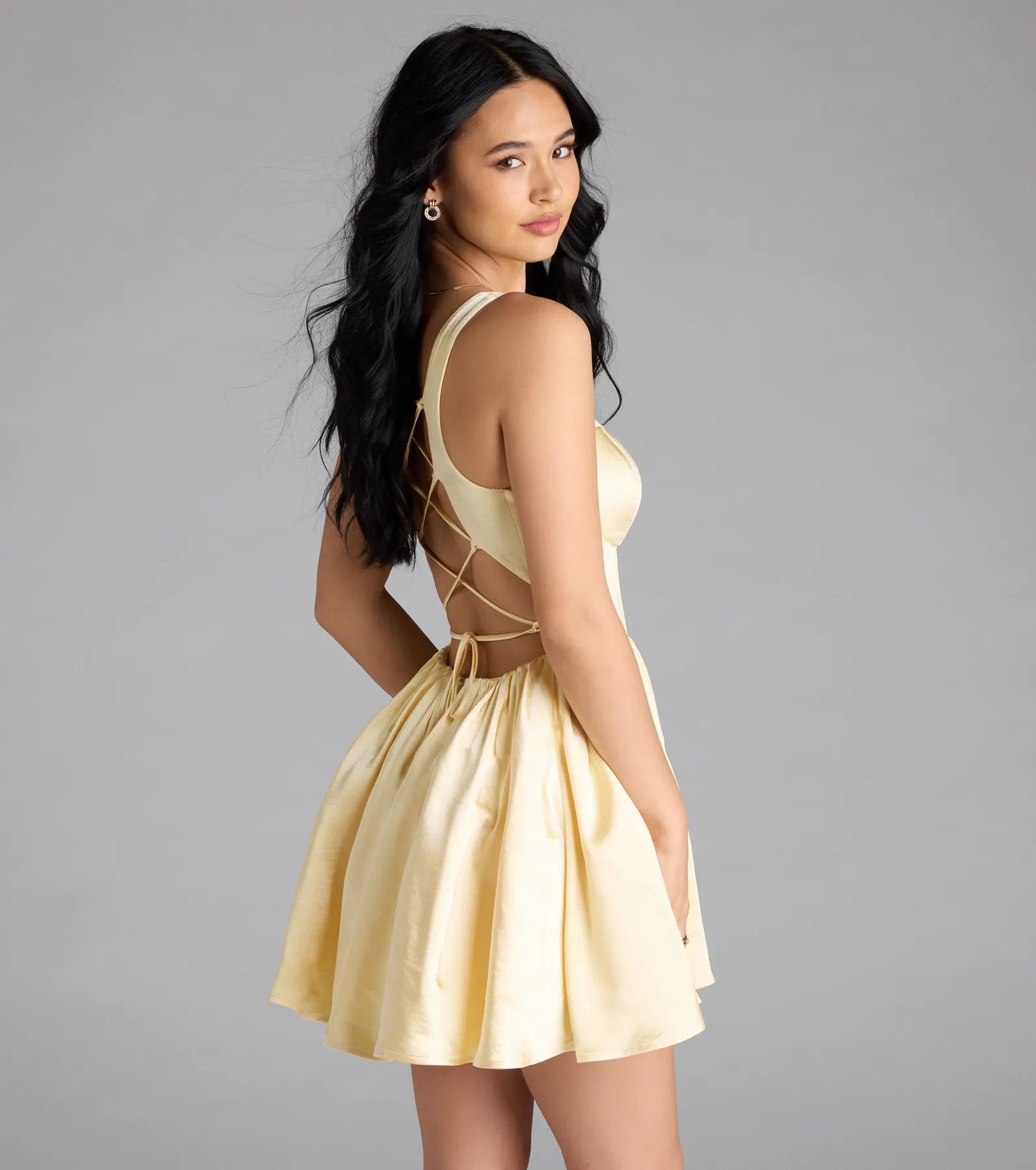Kimmie Lace-Up Corset Satin Skater Dress