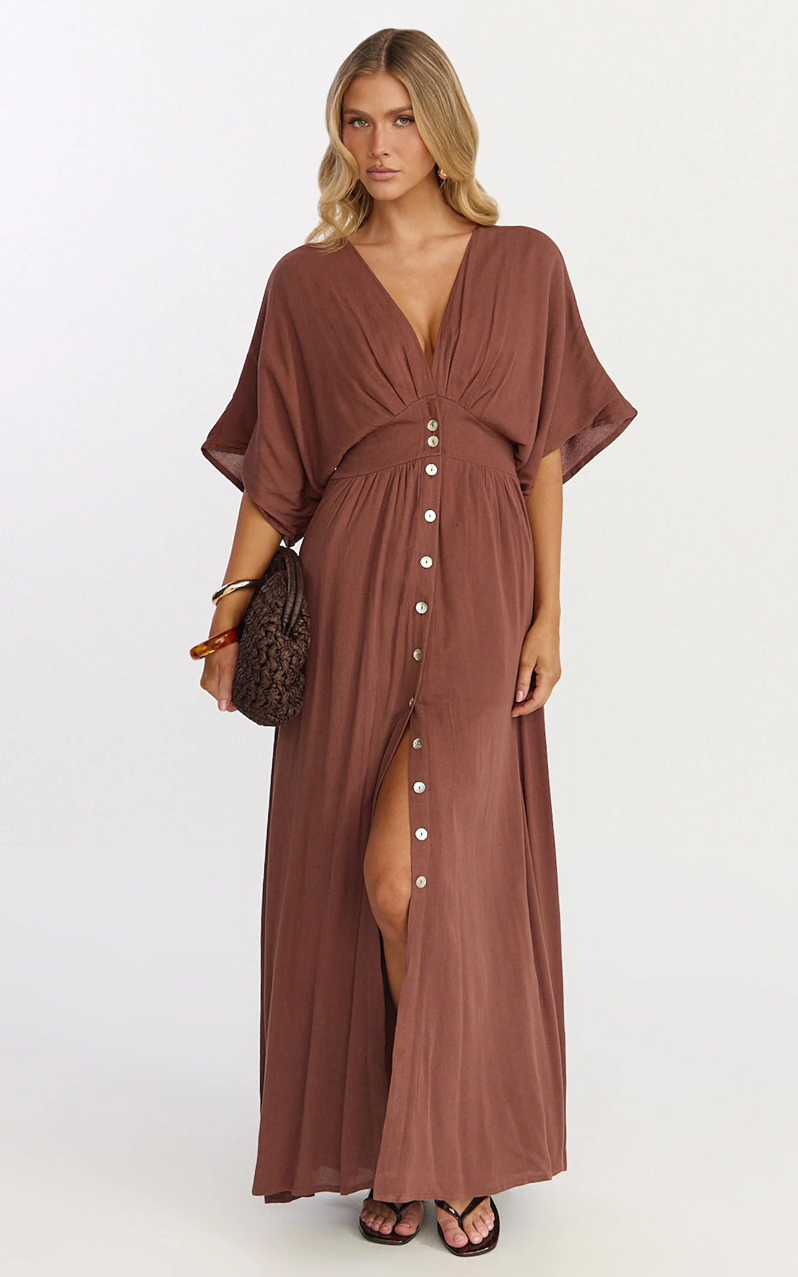 Sitting Pretty Maxi Dress - Short Sleeve Button Down Dress in Chocolate