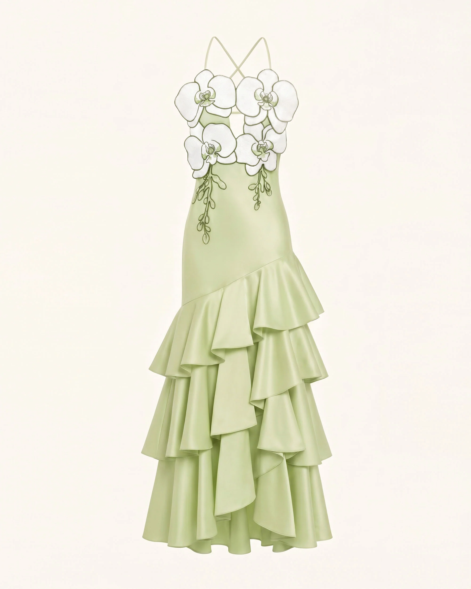 Orchid Embellished Ruffle Midi Dress - Light Green - FASHION NOB