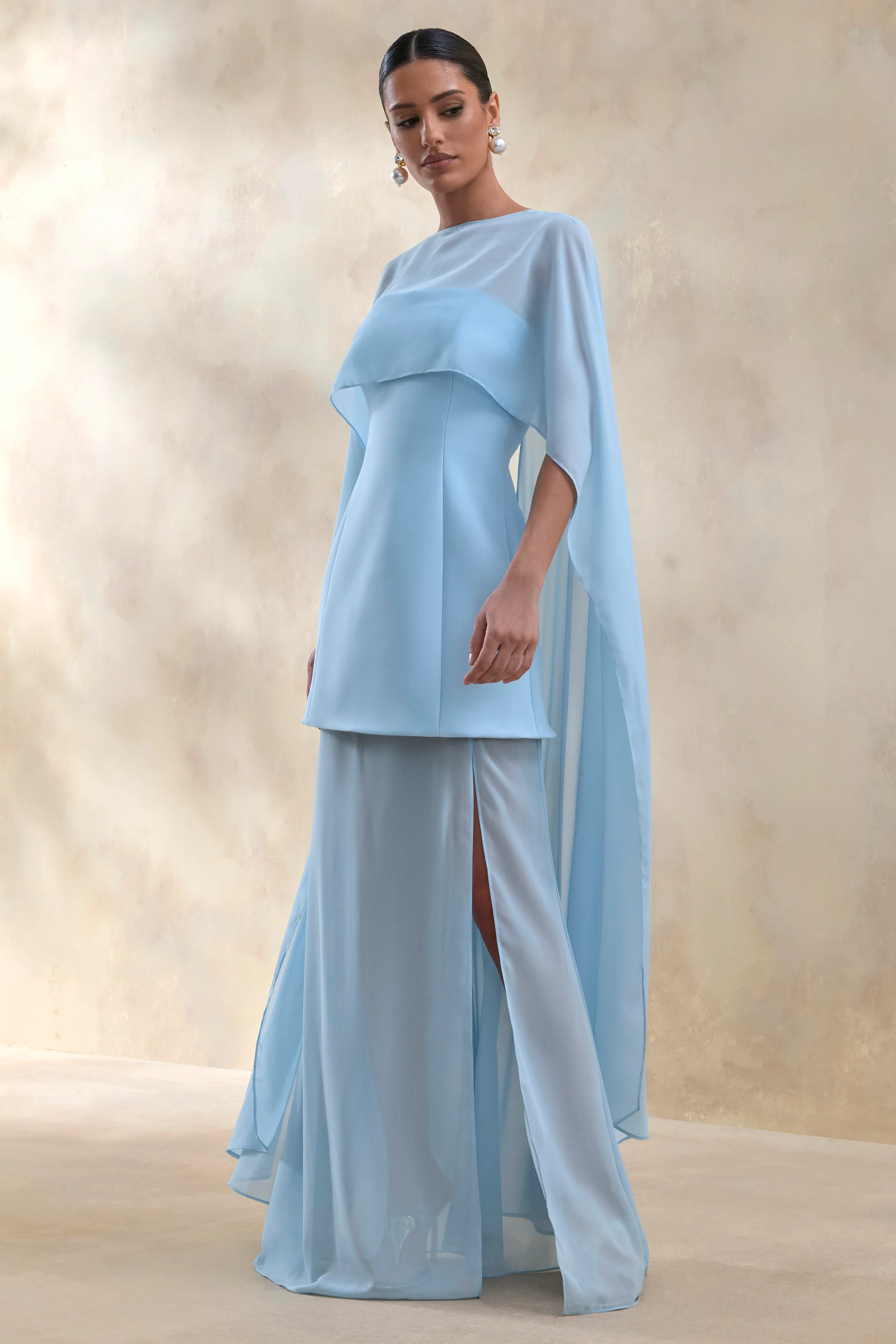 Chessa | Powder Blue Boat-Neck Maxi Dress With Sheer Cape
