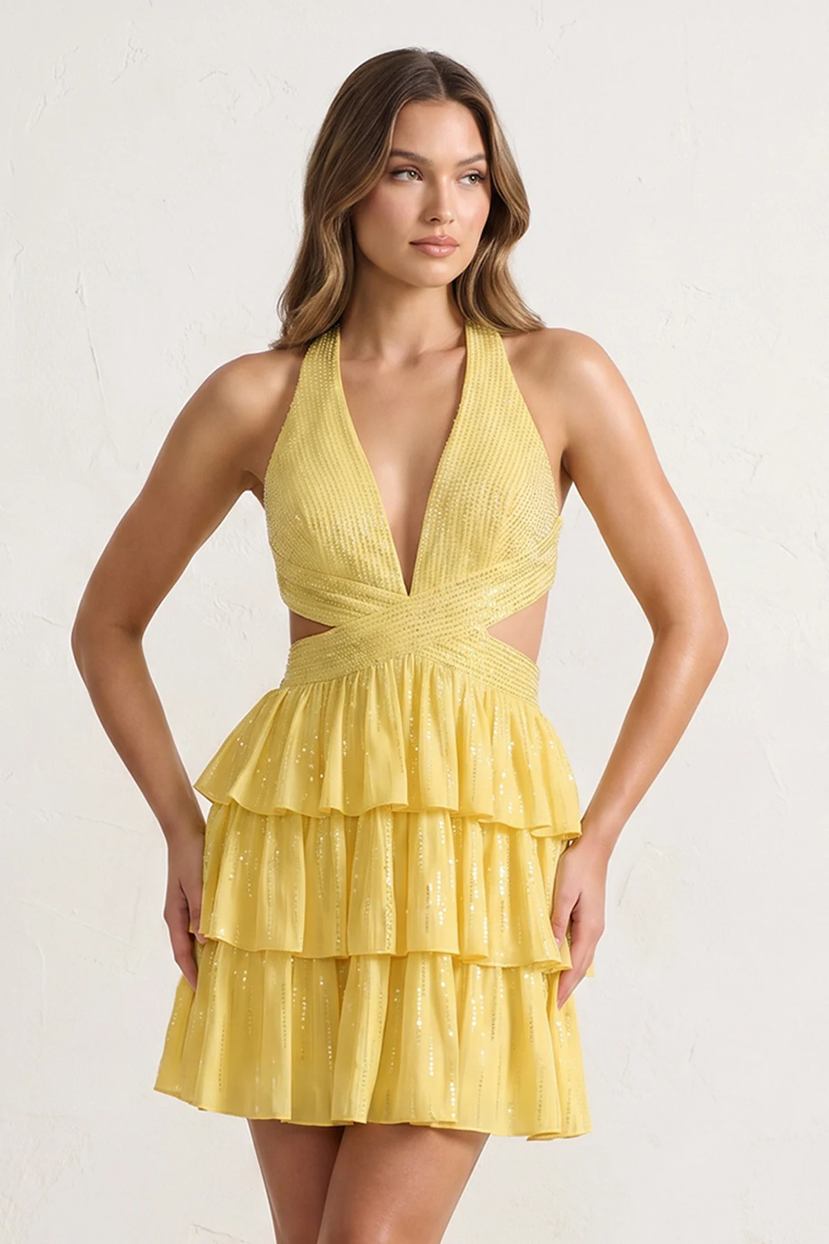 Royal Blue V Neck A Line Cutout Satin Tiered Homecoming Dress With Beading
