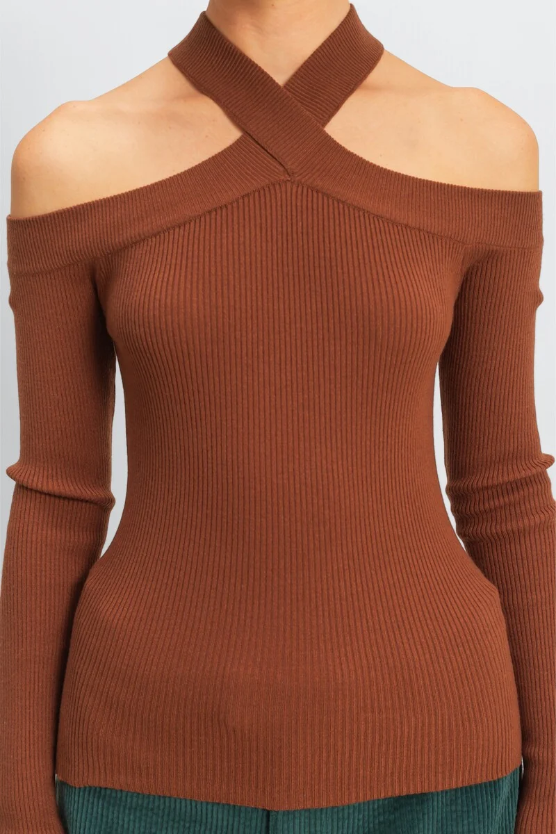 Ribbed Off-The-Shoulder Halter Sweater-Knit Top