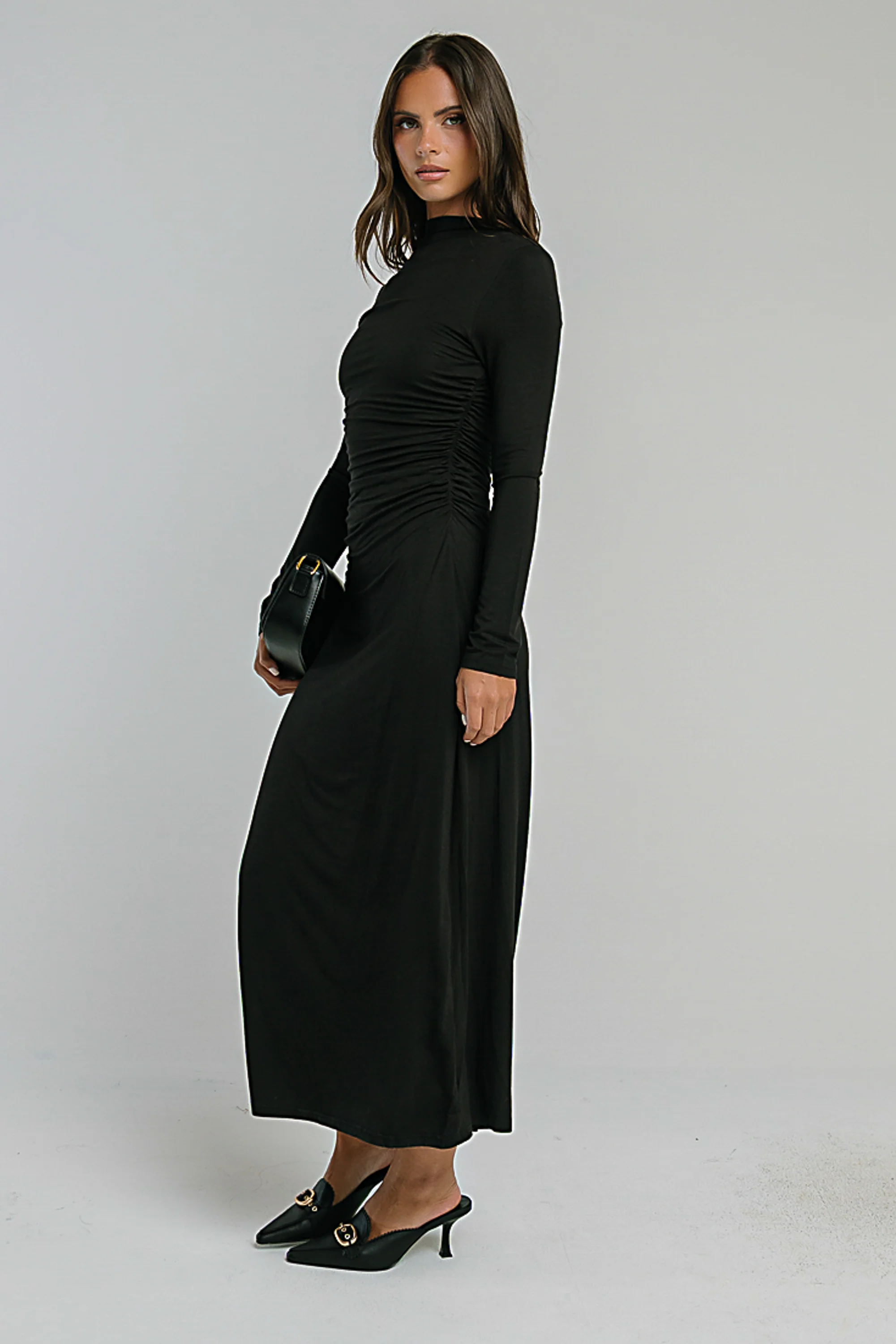 Ruth Ruched Midi Dress in Black