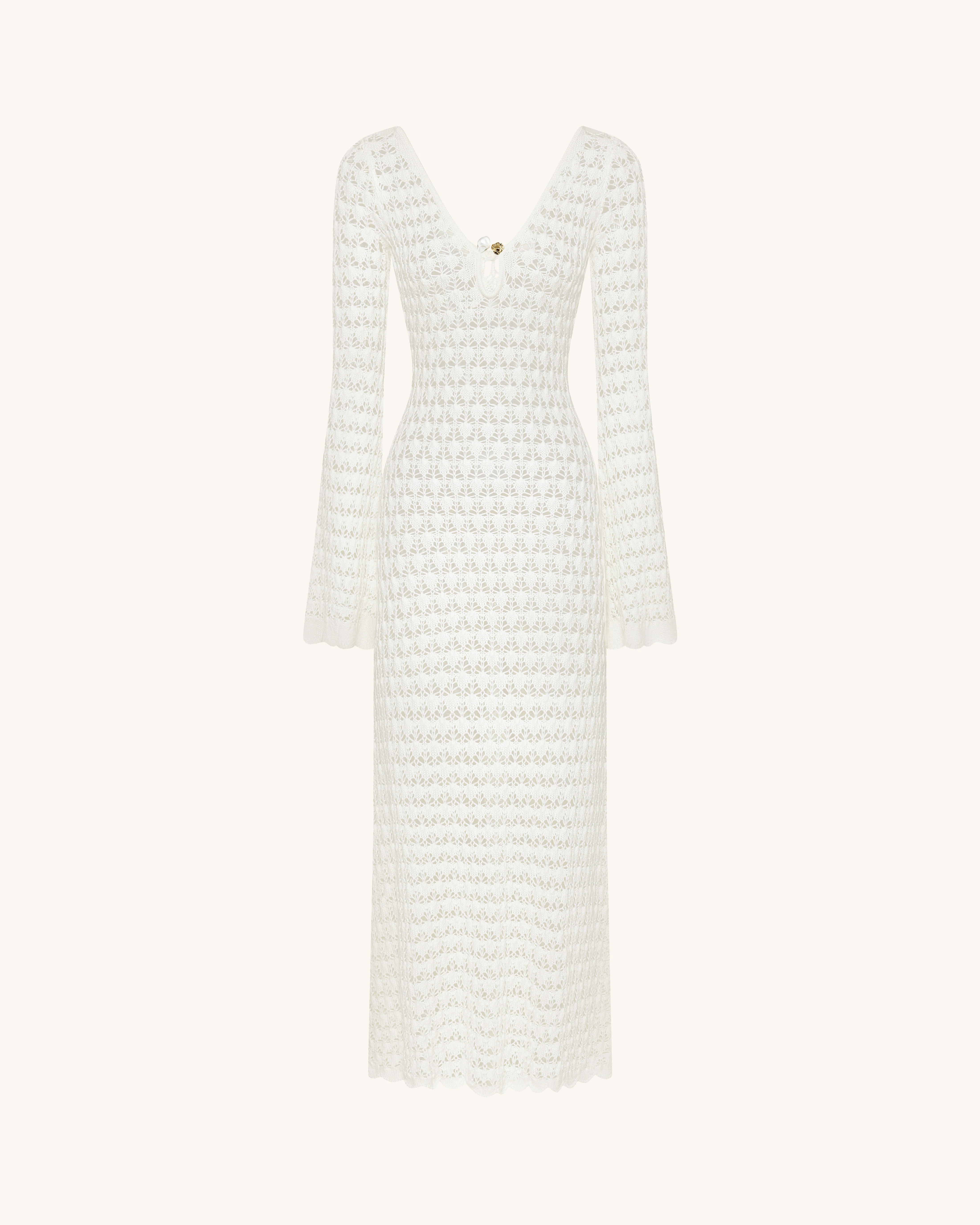 Pointelle Knit Keyhole Maxi Dress - White - FASHION NOB