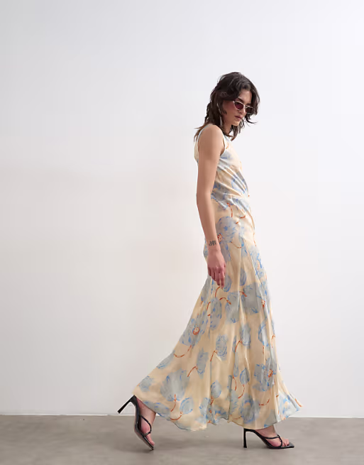 Topshop satin racer neck maxi dress in blue floral jacquard