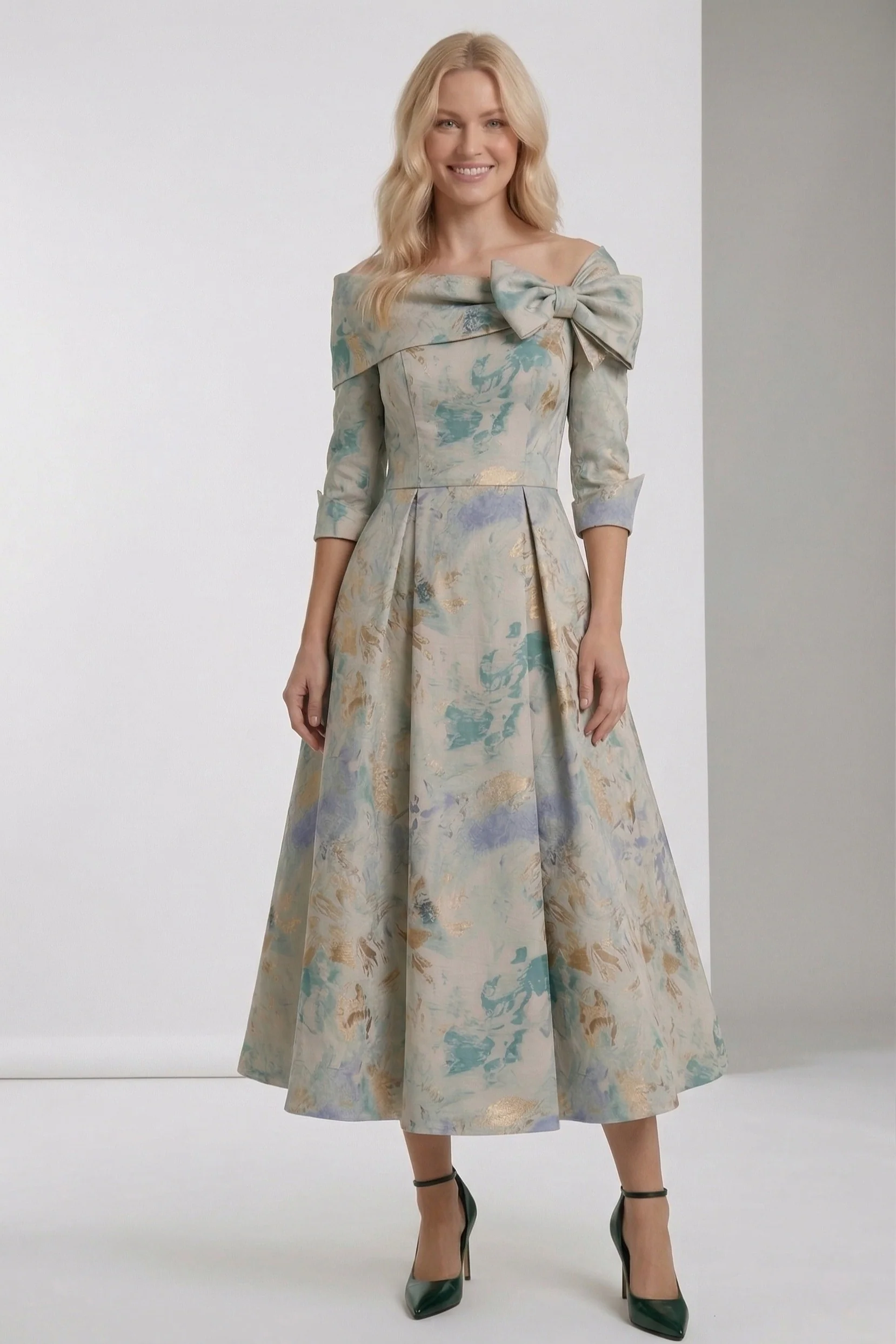 A-Line Tea-Length Jacquard Mother of the Bride Dress CM0418