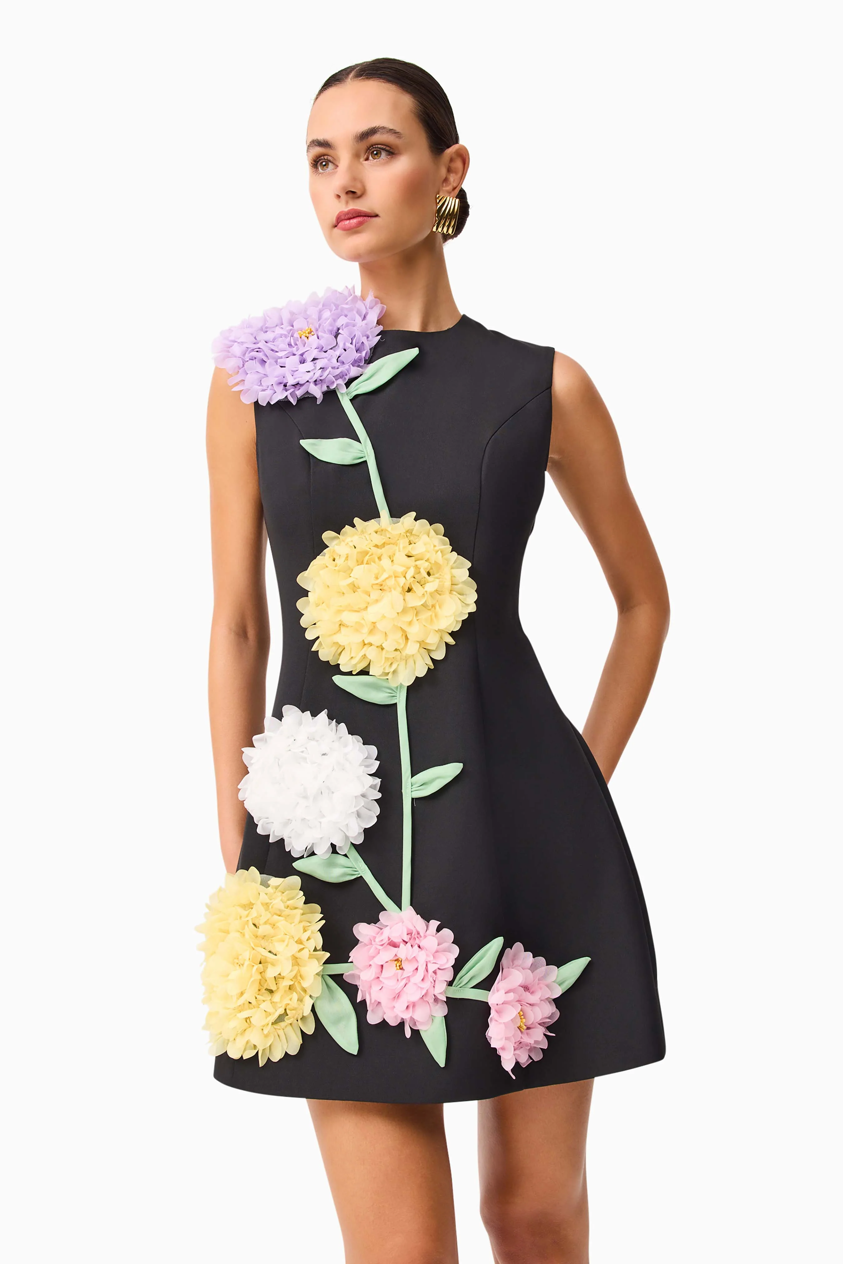 Buttercup Embroidered Mini Dress in Black