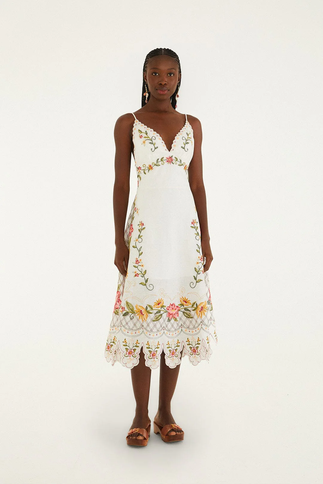 Off-White Flower Embroidery Asymetric Hem Midi Dress
