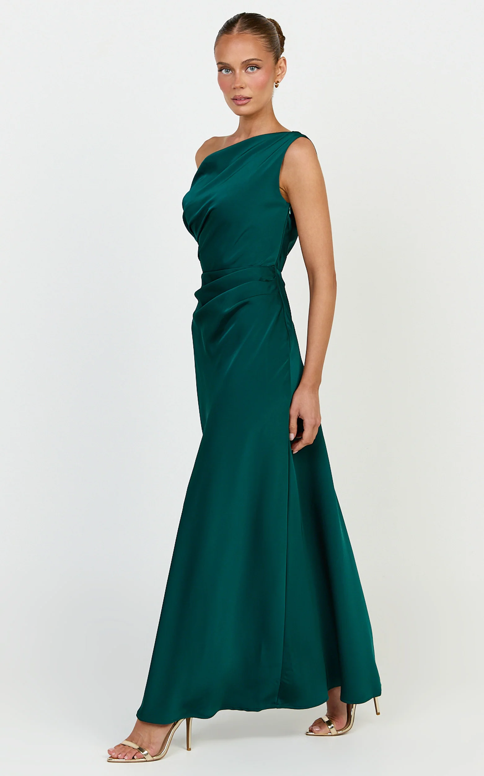 Lira Maxi Dress - One Shoulder Satin Dress in Emerald