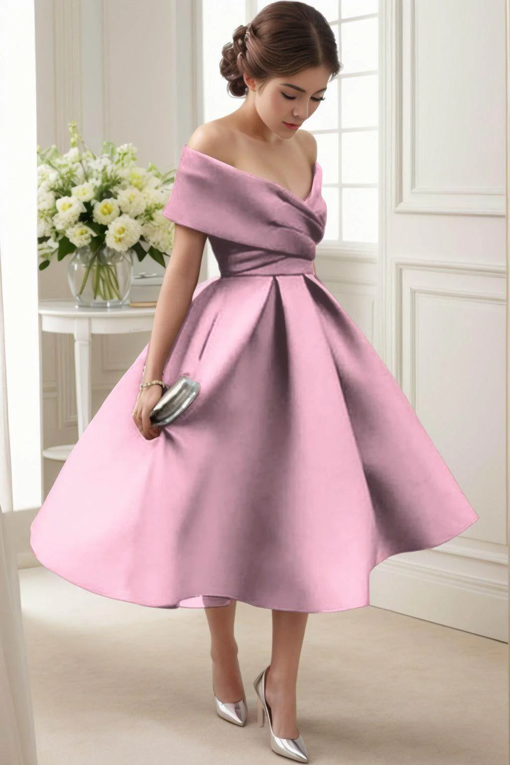 A-Line Tea Length Satin Graduation Dresses CS0556