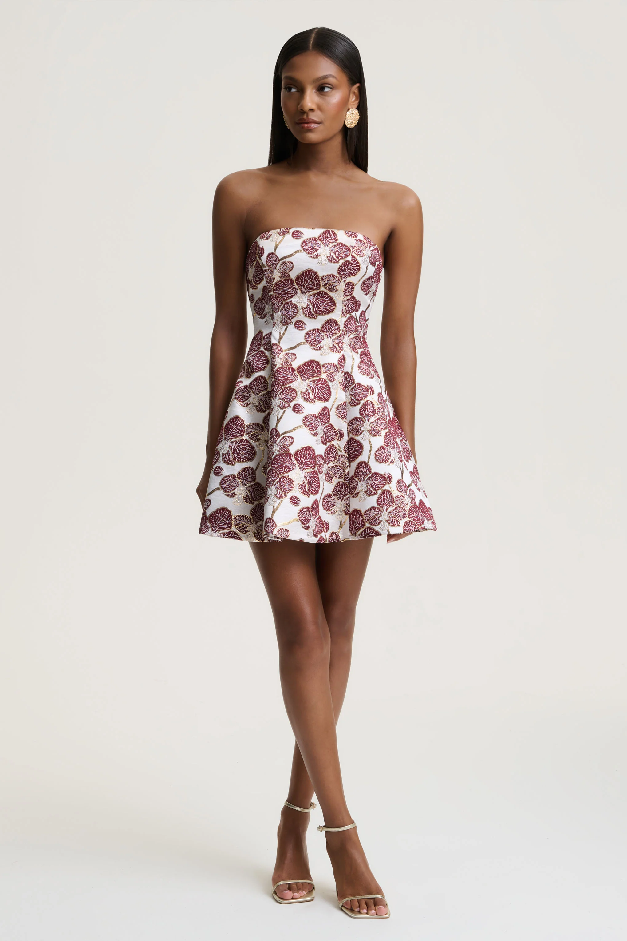 Federica | Burgundy And Gold Jacquard Bandeau A-Line Mini Dress