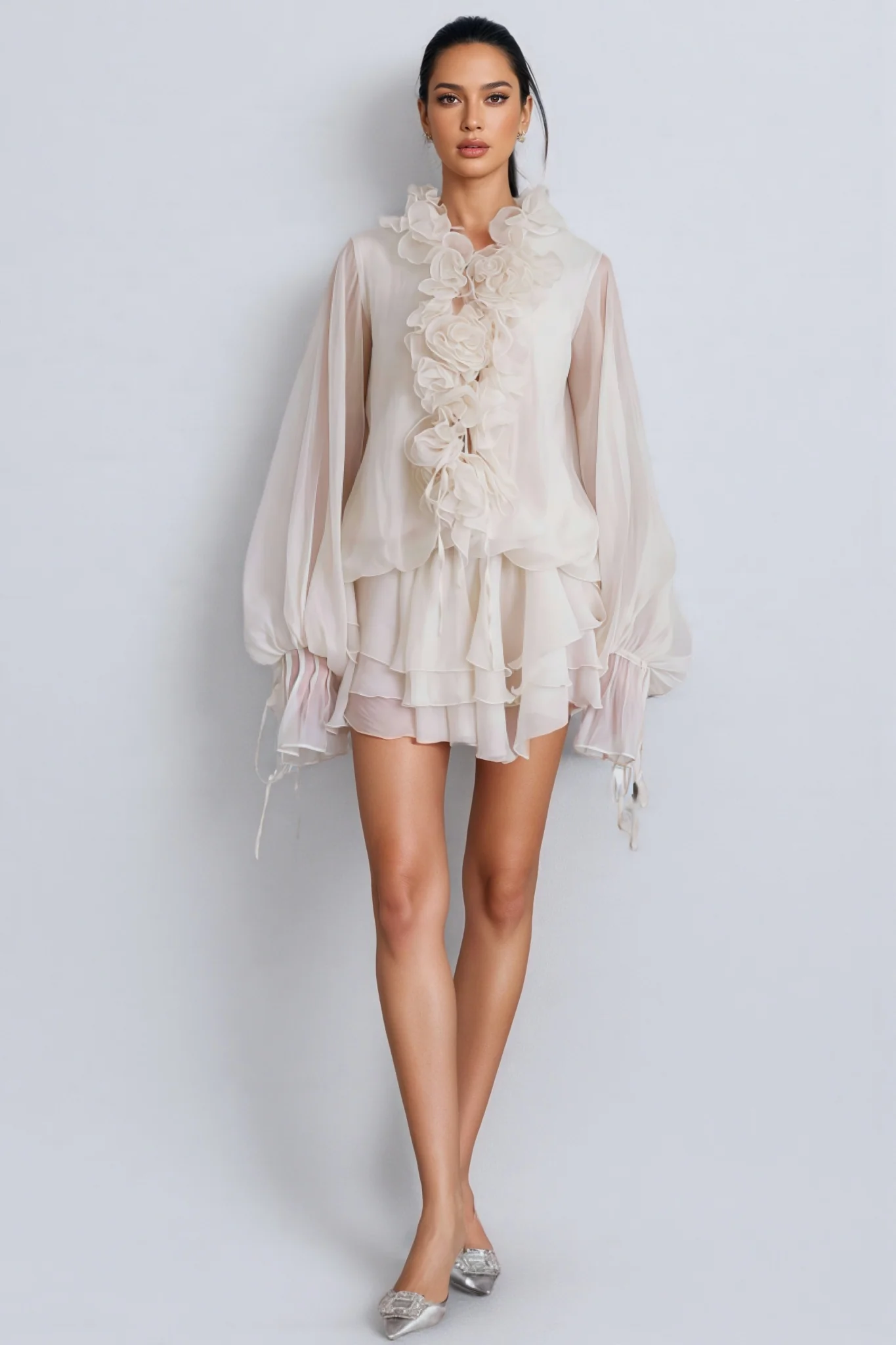 Elsonv 3D Floral Lantern Sleeve Mini Dress