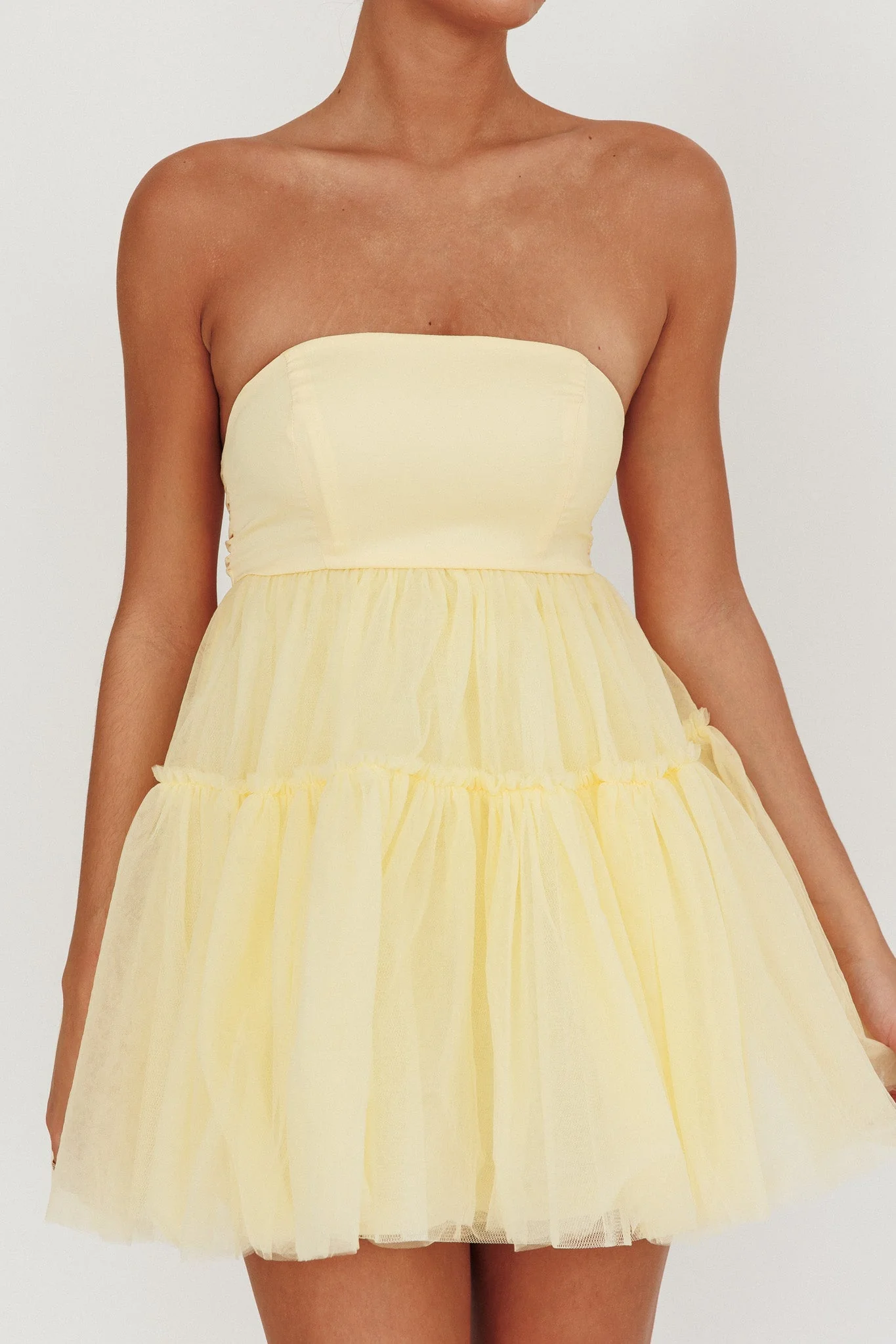 Dreamscape Strapless Tulle Mini Dress Lemon - luluinthesky