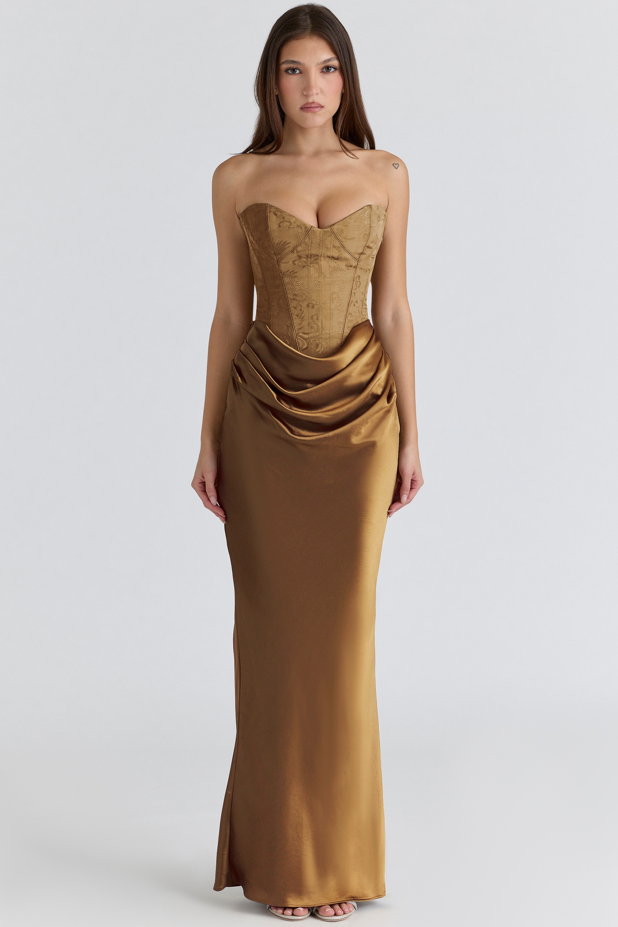 bronze brocade satin corset maxi dress