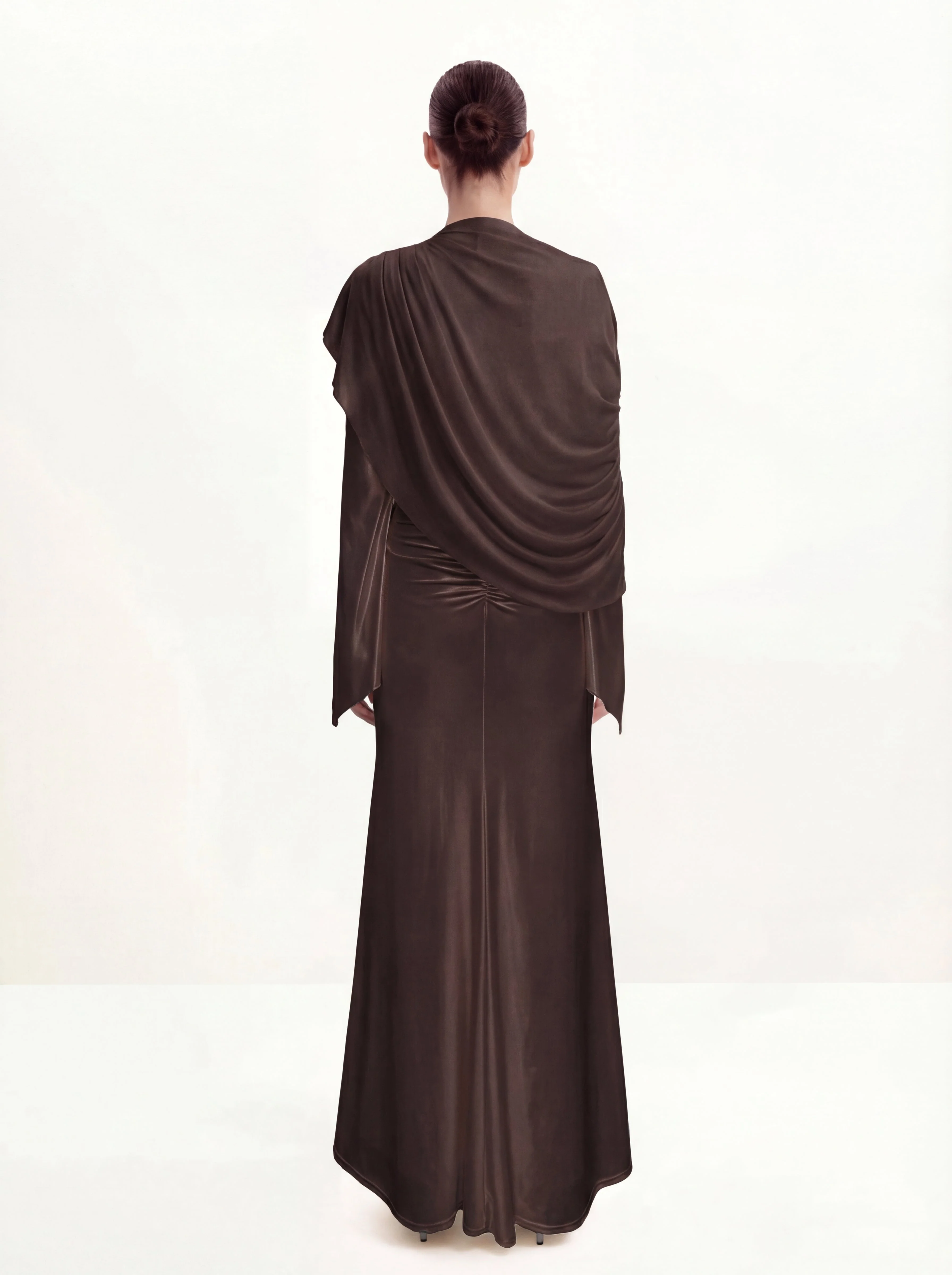 Sheer Shawl Ruched Bodycon Maxi Gown - Brown - FASHION NOB