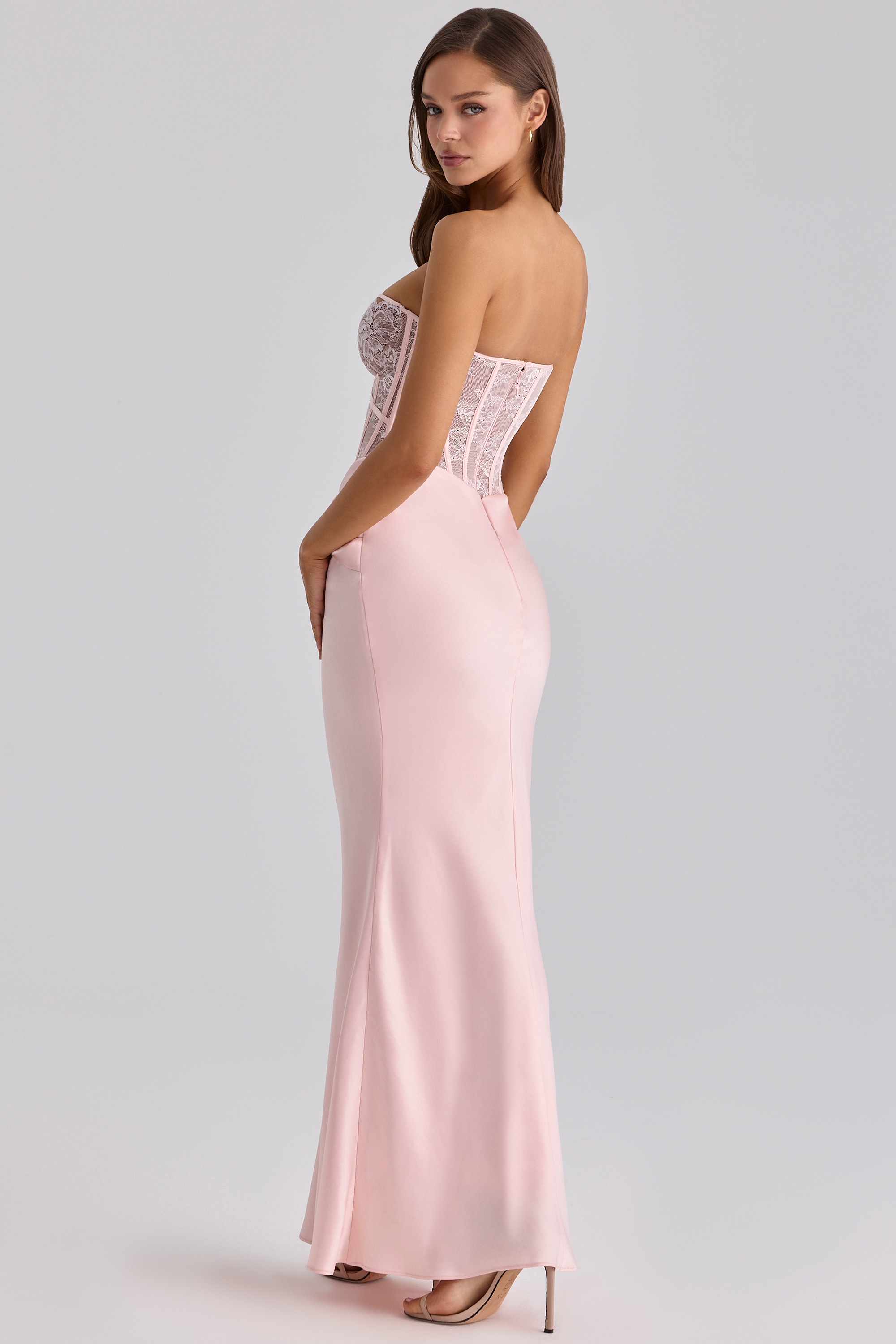 pink lace + satin maxi corset dress