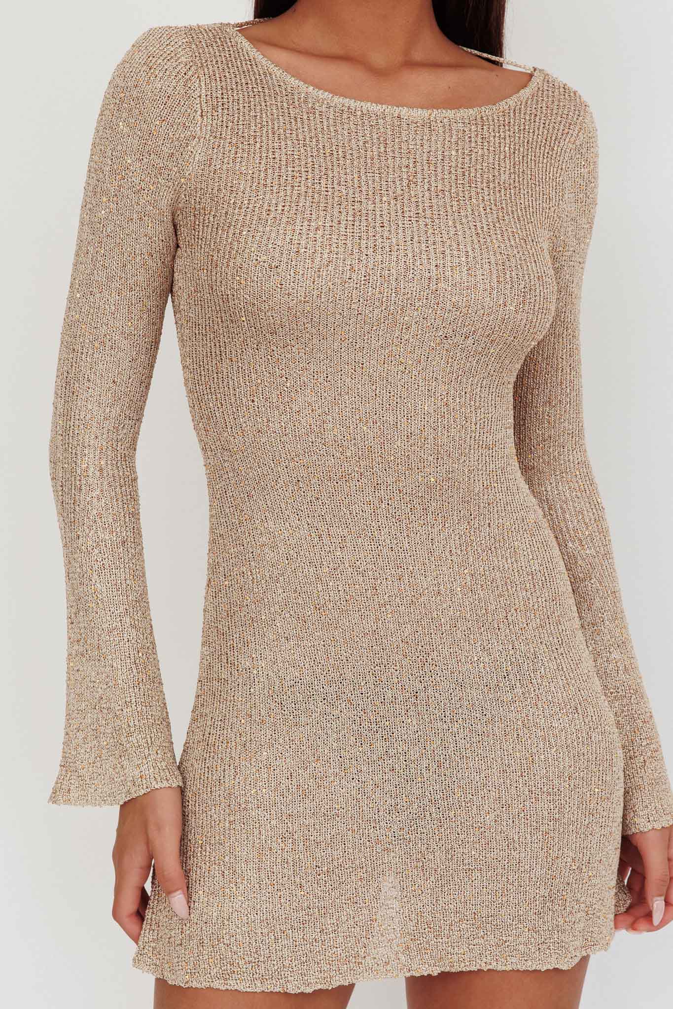 Cosmic Scoop Back Sequin Knit Mini Dress Gold - luluinthesky