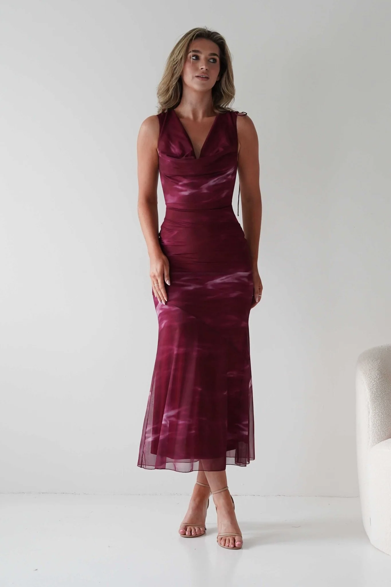 Drew Mesh Printed Maxi Dress | Wine Print