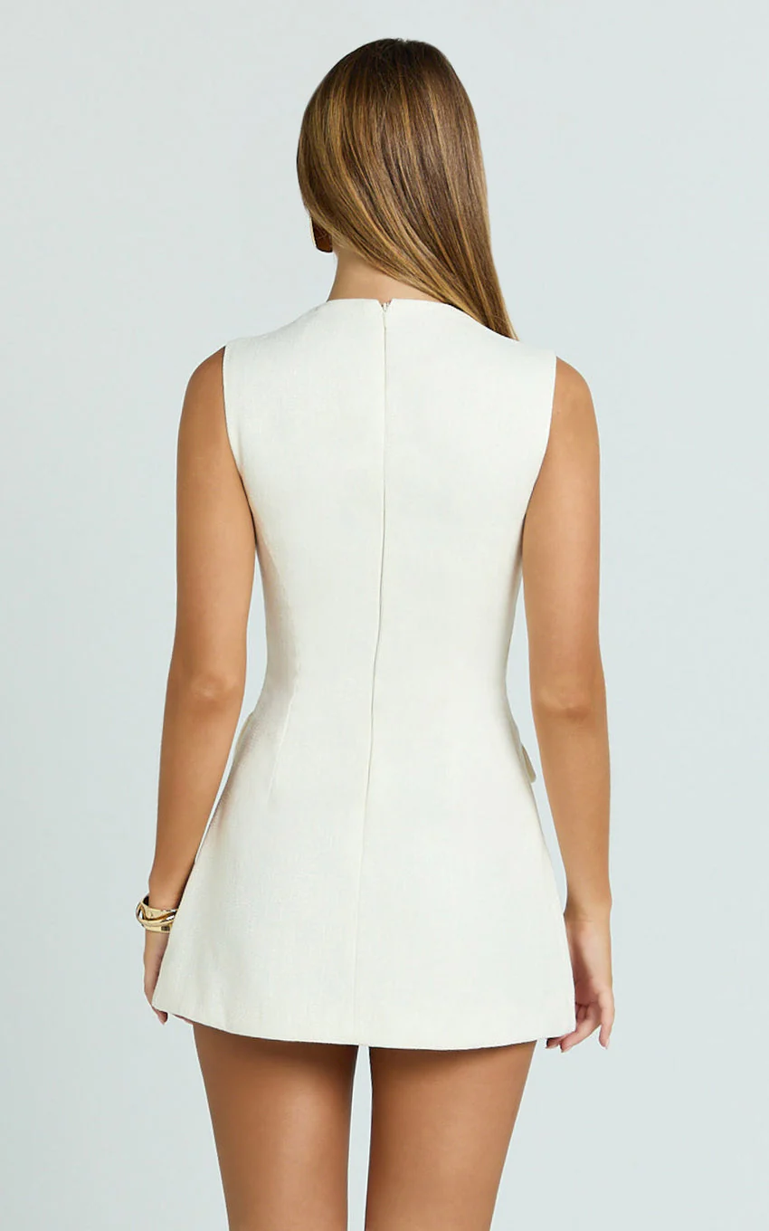 Halsey Mini Dress - Sleeveless Deep U Neck Faux Wrap Tulip Dress in Cream - luluinthesky
