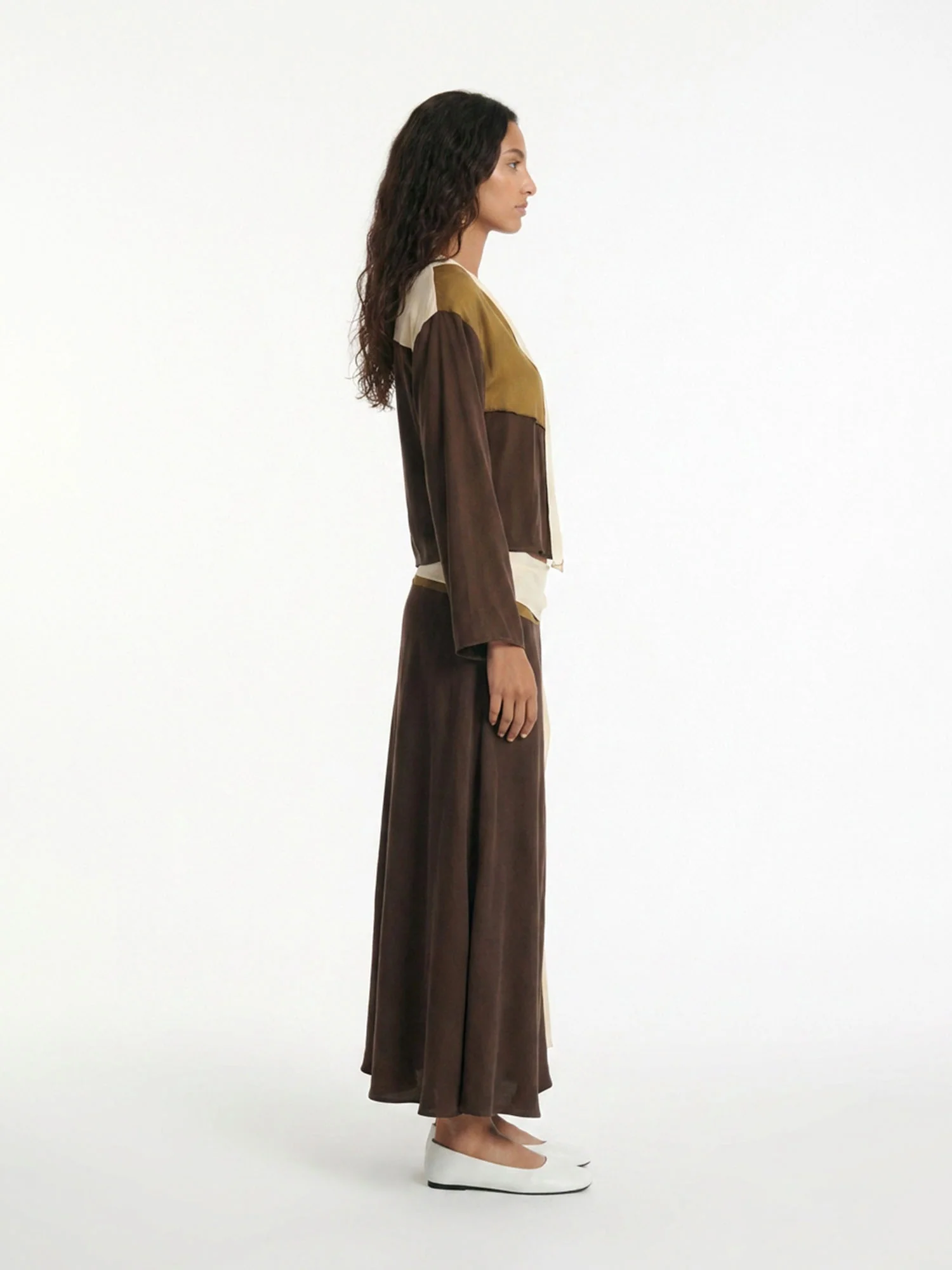 Earth Tone Contrast Shirt Skirt Set