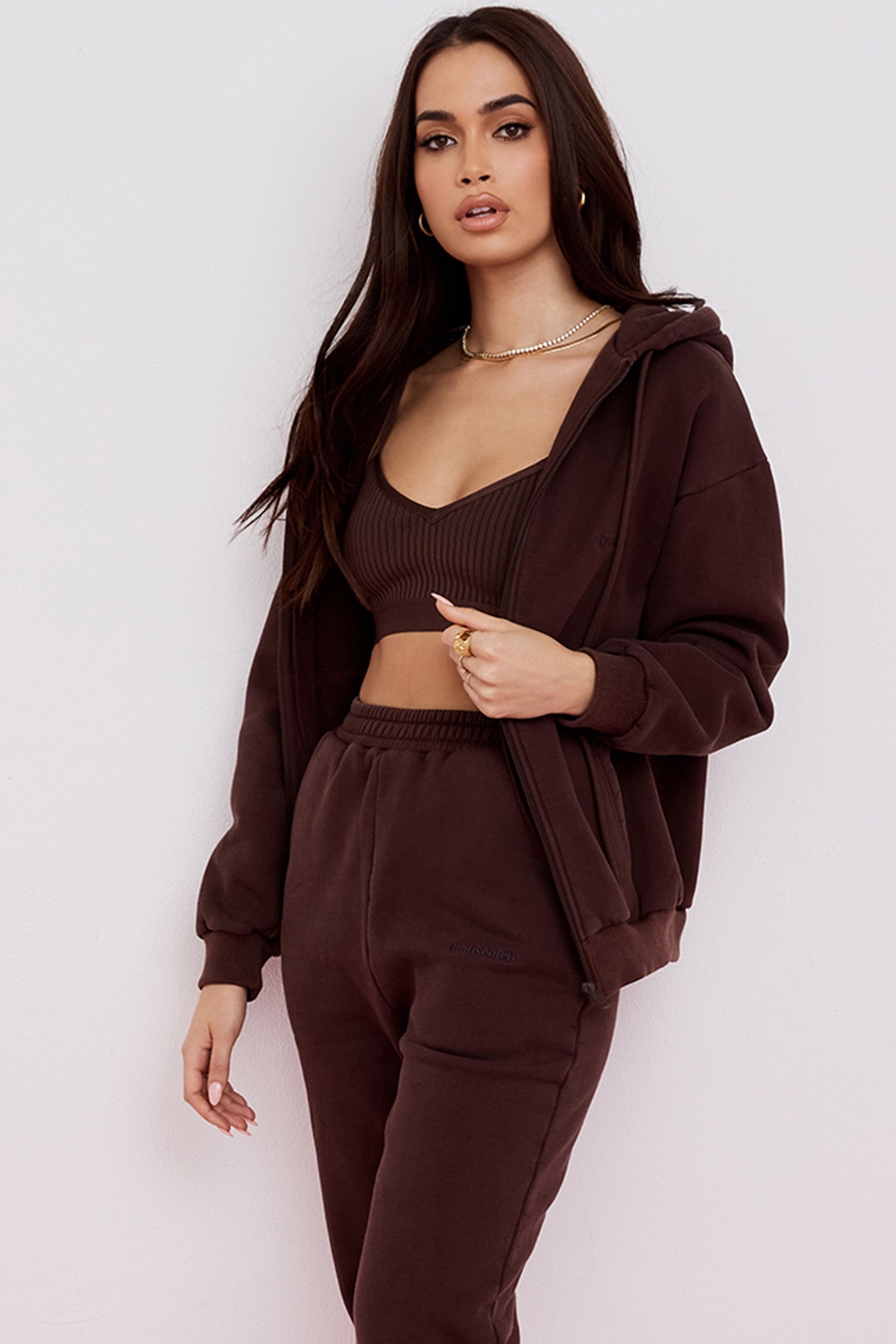 chocolate cotton fleece-back zip through hoodie