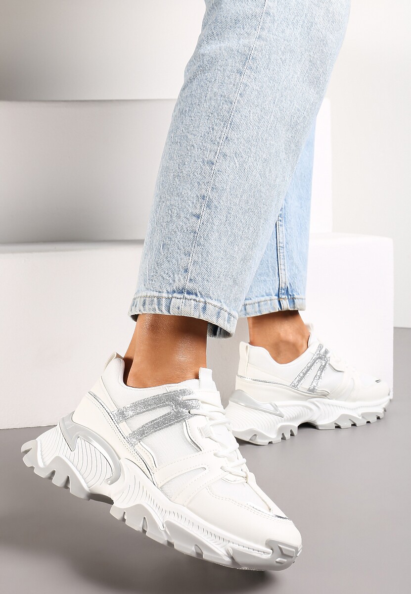 Ciemnobeżowe Sznurowane Sneakersy na Grubej Podeszwie ze Wstawkami i Brokatem Widgeta