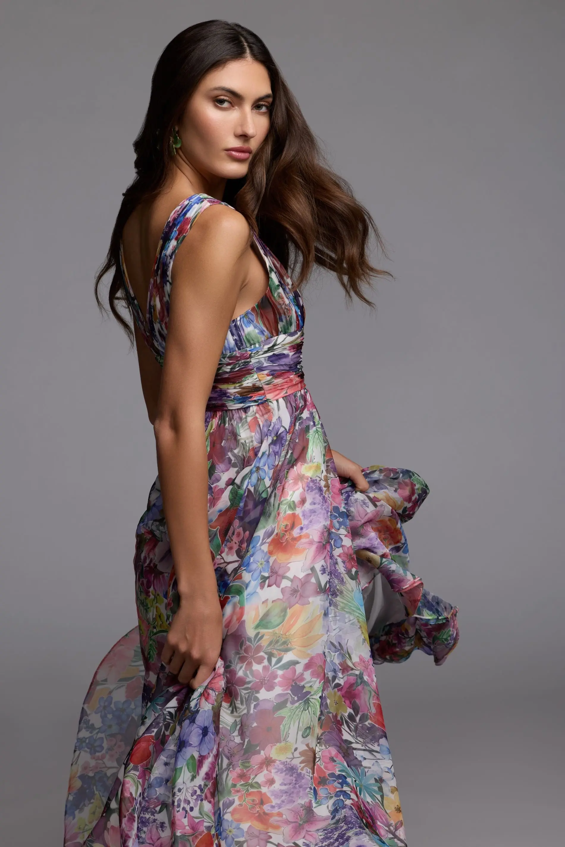 Multicolor Floral Chiffon Gown With Ruffle Slit - FASHION NOB