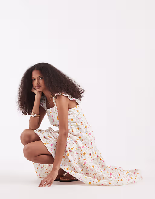 Vero Moda ruffle trim tiered maxi dress in cream based floral print